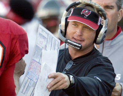 Tampa Bay Buccaneers former Head Coach Jon Gruden talks with his quarterbacks during a timeout in the second half of their NFL football game against the Minnesota Vikings at Raymond James Stadium in Tampa, Florida on November 16, 2008.