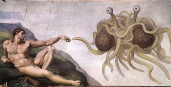 This iconic image, Touched by His Noodly Appendage, was originally created in August 2005 by the Swedish designer Niklas Jansson as a parody of Michelangelo's The Creation of Adam. The image has become the de facto brand image for the Church of the Flying Spaghetti Monster.