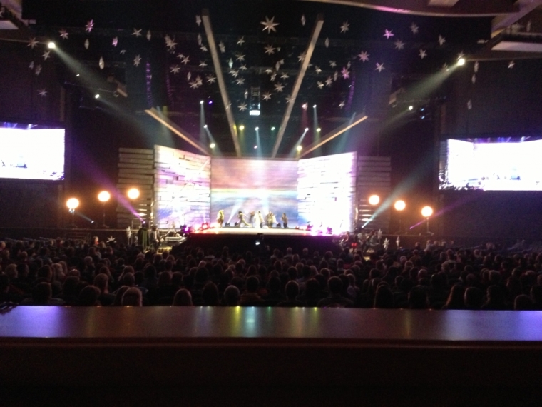A rehearsal of the Christmas service on the main stage at Willow Creek Community Church.