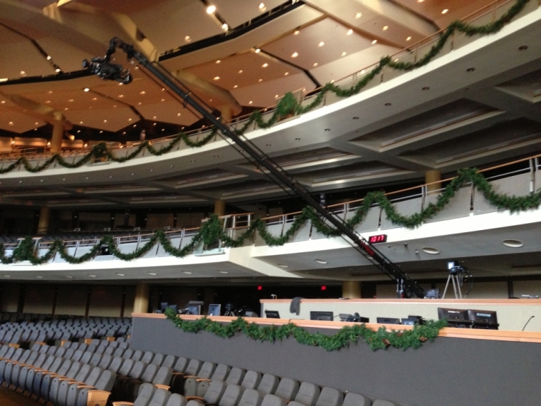 The inside of the auditorium at Willow Creek Community Church decorated before its Christmas service.