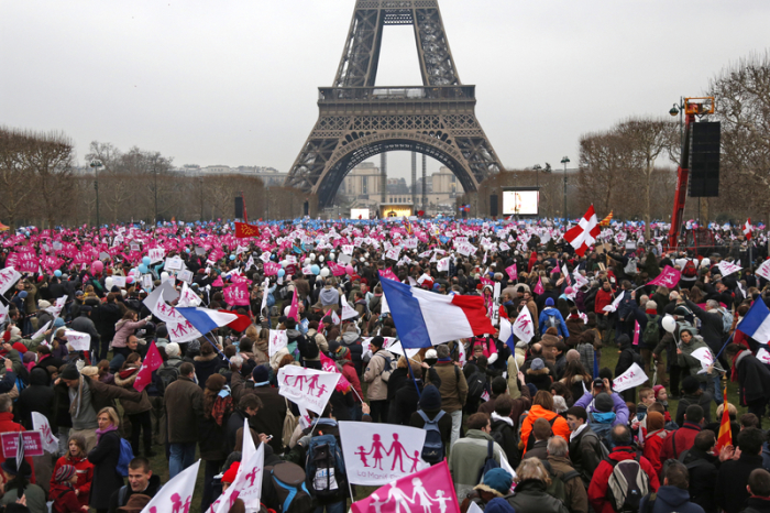 Hundreds of thousands of demonstrators gathered in Paris to protest France's planned legalisation of same-sex marriage on January 13, 2013.