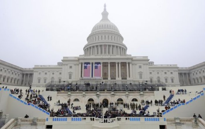 Credit : General view of the west front, with construction still on-going, during a dress rehearsal on a misty and foggy day, for the inaugural of President Barack Obama at the US Capitol, Washington DC, January 13, 2013. The official inauguration and swearing-in 