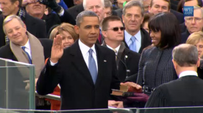 President Barack Obama takes the oath of office on Monday, Jan. 21, 2012, during his public swearing in ceremony administered by Chief Justice John Roberts of the Supreme Court, in this photo shared on Twitter by Priyanka Boghani of the Global Post.