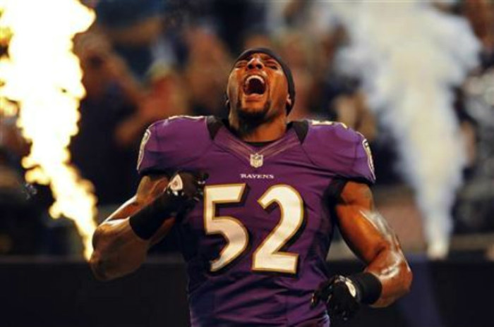 Baltimore Ravens linebacker Ray Lewis is introduced to the crowd before playing the Detroit Lions in a preseason NFL football game in Baltimore, Md., on Aug. 17, 2012.