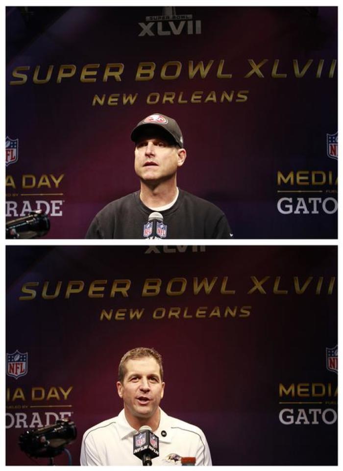 San Francisco 49ers head coach Jim Harbaugh (top) and Baltimore Ravens head coach John Harbaugh are shown in this combo photo as speak from the same podium but at different times during Media Day at the NFL's Super Bowl XLVII in New Orleans, Louisiana January 29, 2013. The two brothers will make Super Bowl history when their teams play against each other on February 3.