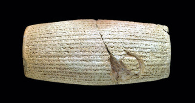 The Cyrus Cylinder is made of clay and credited to Babylon, Mesopotamia, after 539 BCE. The artifact is has been housed at British Museum, in London, but is going on display at several U.S. museums in 2013.
