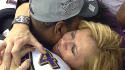 Baltimore Ravens offensive tackle Michael Oher and his adoptive mother, Leigh Anne Tuohy, pose after the Ravens won the Super Bowl Sunday, Feb. 3, 2013.