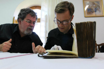 Daniel B. Wallace and Paul Wheatley of the Center for the Study of New Testament Manuscripts (CSNTM) appear in this photograph shared Sept. 4, 2012 on Facebook.