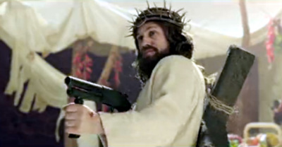 Actor Christoph Waltz portrays a vengeful 'Jesus Christ' in a Feb. 16, 2013, skit titled 'DJesus Uncrossed.'