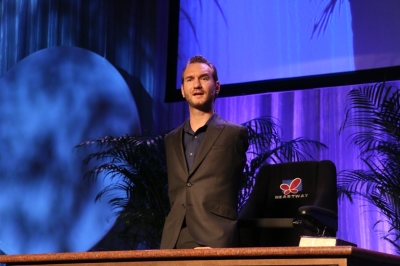 Inspirational speaker Nick Vujicic, who was born without arms or legs, speaks at the National Religious Broadcasters convention on Tuesday, March 5, 2013, in Nashville, Tenn.