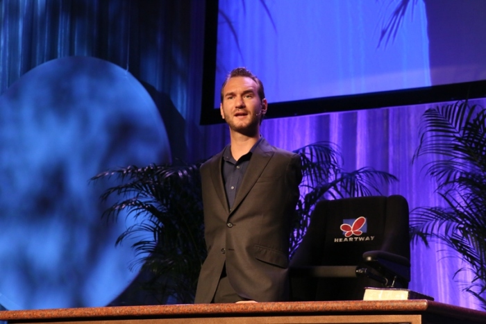 Inspirational speaker Nick Vujicic, who was born without arms or legs, speaks at the National Religious Broadcasters convention on Tuesday, March 5, 2013, in Nashville, Tenn.