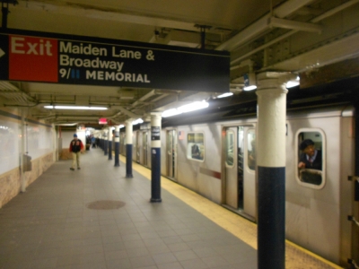 A train pulls out of a New York City Subway Station in downtown, Manhattan.