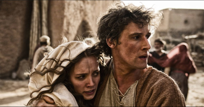 Joseph protects Mary from the mob as villagers find out that she is pregnant in 'The Bible' episode 3, as seen on The History Channel on Sunday, March 17, 2013.