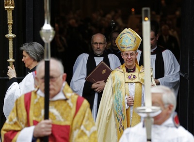 Rt. Rev. Justin Welby, Archbishop of Canterbury, leaving Canterbury Cathedral after his enthronement ceremony making him head of the Anglican Communion, March 21, 2013.