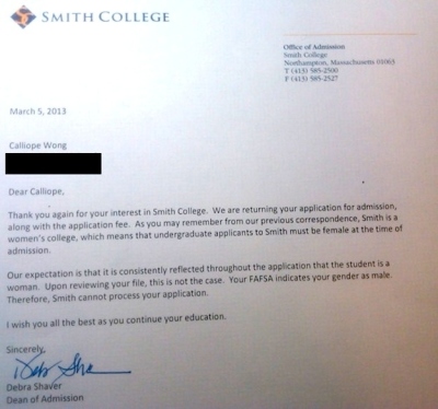 Calliope Wong's rejection letter from Smith College.