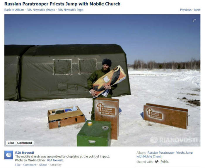 The Russian military has introduced a unit of Orthodox priests trained in parachuting and to assemble special high-tech mobile churches resembling tents. One such chaplain is seen assembling a mobile church in a photo shared on Facebook March 31, 2013 by official Russian news agency RIA Novosti.