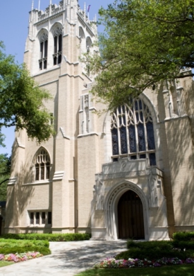 Exterior view of the tower and sanctuary at Highland Park United Methodist Church in Dallas, Texas. 