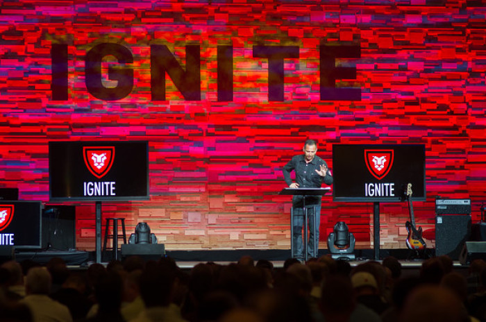 Every Man Ministries founder Kenny Luck speaking at the IGNITE conference for men at Saddleback Church in Lake Forest, Calif., on Saturday, April 13, 2013.