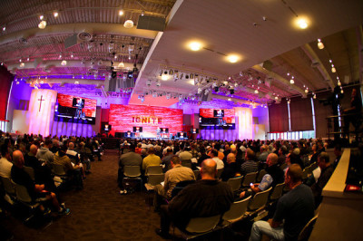 Several hundred men attend a conference about Christians engaging culture and impacting society in a positive way at Saddleback Church in Lake Forest, Calif., on Saturday, April 13, 2013.