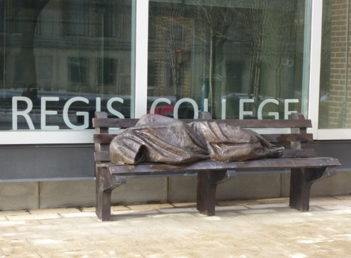 Sculptor Timothy Schmalz's bronze sculpture, 'Jesus the Homeless' that will be a permanent fixture outside Regis College, the Jesuit college at the University of Toronto, Ontario, Canada.