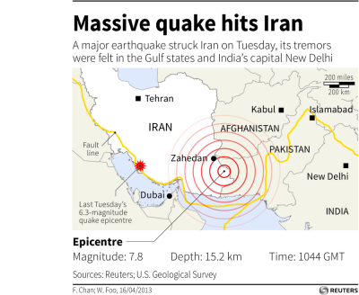 A 7.8-magnitude earthquake hit Iran on Tuesday April 16, 2013, near the border with Pakistan on Tuesday.