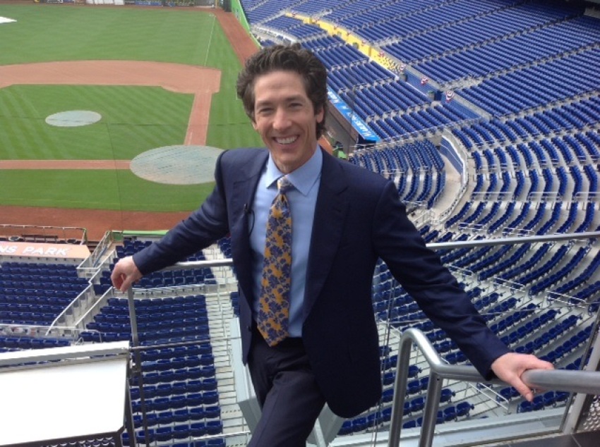 Joel Osteen, senior pastor of the 40,000-member Lakewood Church in Houston, Texas, standing in Marlins Park in Miami, Fla., the morning before he and his wife, Victoria, host 