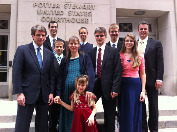 Uwe and Hannelore Romeike (middle) and their six children, with Michael Farris (L) and the rest of the HSLDA legal team (back), at a hearing for Romeike vs. Holder at the U.S. Court of Appeals for the Sixth Circuit, Cincinnati, Ohio, April, 23, 2013.