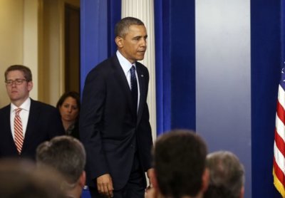 U.S. President Barack Obama walks in the Brady Press Briefing Room at the White House in Washington, April 15, 2013.