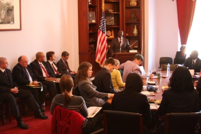 Nigerian human rights lawyer, Emmanuel Ogebe (podium) addresses participants at a Congressional briefing in Washington D.C., on Thursday April 25, 2013.
