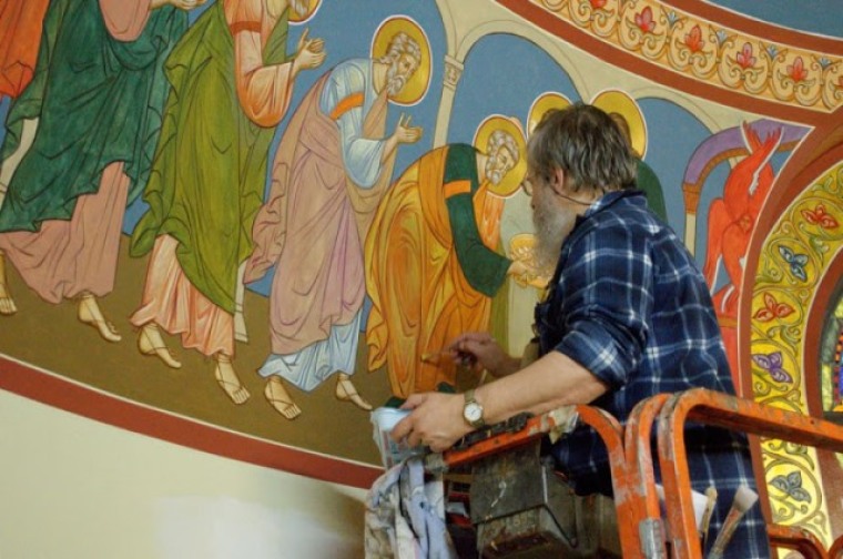 Iconographer Fr. Theodore Jurewicz painting icons covering the interior of St. Stephen Serbian Orthodox Church in Lackawanna, N.Y., on Oct. 29, 2012.