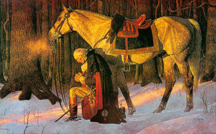 Portrait of Gen. George Washington praying.