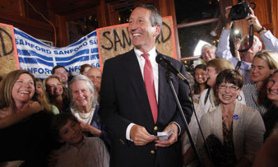 Mark Sanford celebrates with supporters after winning the South Carolina first district seat in the House of Represenatives.