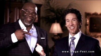 Bishop T.D. Jakes and pastor Joel Osteen in a promotional video for Megafest 2013 in Dallas, Texas.