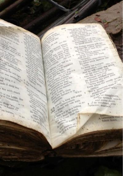 This Bible was found in the debris of the Oklahoma tornado, which left many dead. It was opened to 'Isaiah' 32:2.