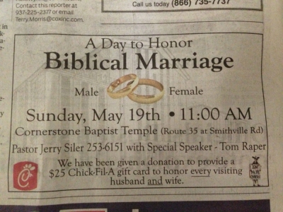 The ad for Cornerstone Baptist Temple's 'Biblical Marriage' Day celebrated in Dayton, Ohio on March 19, 2013.