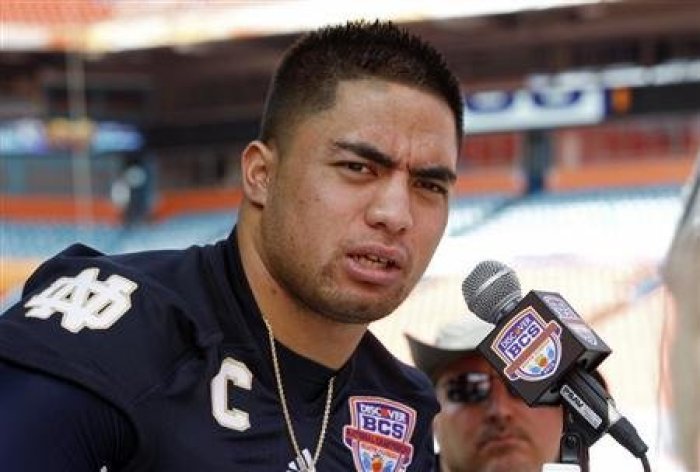 Notre Dame Fighting Irish linebacker Manti Te'o speaks during media day for the 2013 BCS National Championship NCAA football game in Miami, Florida, January 5, 2013.