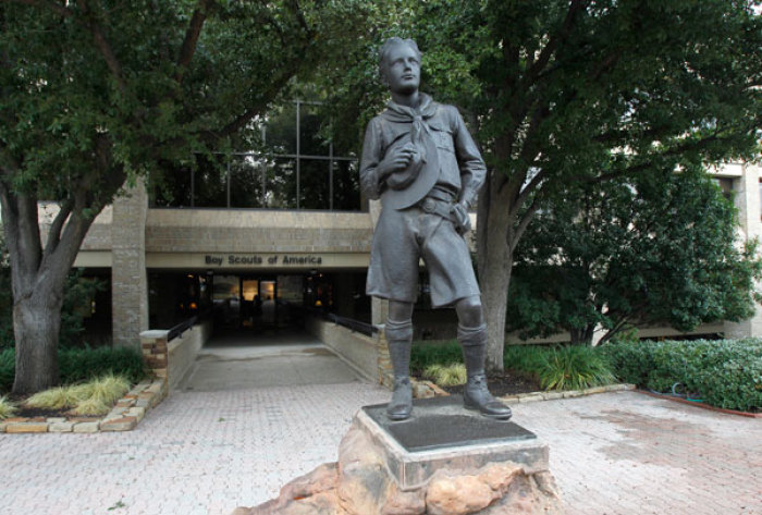 The statue of a scout stands in the entrance to Boy Scouts of America headquarters in Irving, Texas, February 5, 2013.