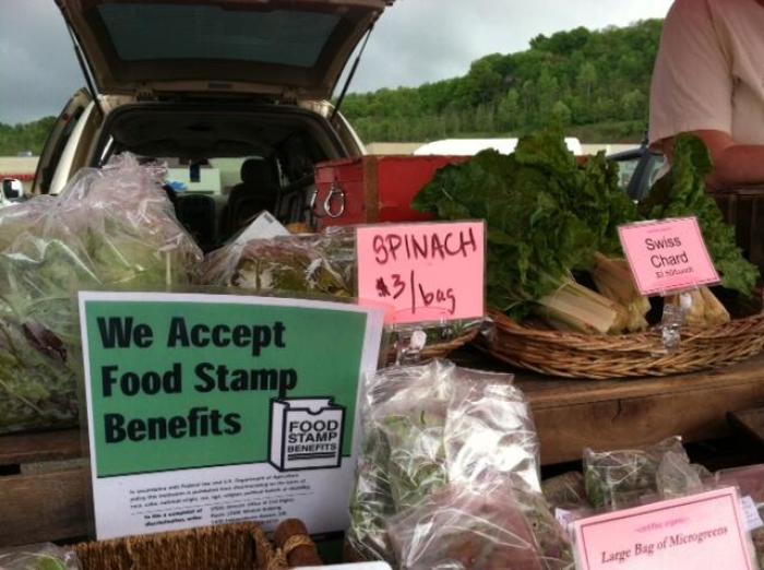 A fresh produce vendor displays a food stamp acceptance sign.