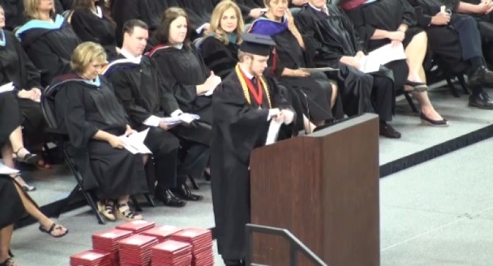Valedictorian Roy Costner of Liberty High School in Pickens County, South Carolina tears up his pre-approved graduation speech and recites the Lord's Prayer at his graduation ceremony on June 1, 2013.