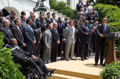 President Barack Obama welcomes Coach John Harbaugh and the Super Bowl Champion Baltimore Ravens to the White House to honor the team and their Super Bowl XLVII victory, on the South Lawn, June 5, 2013.