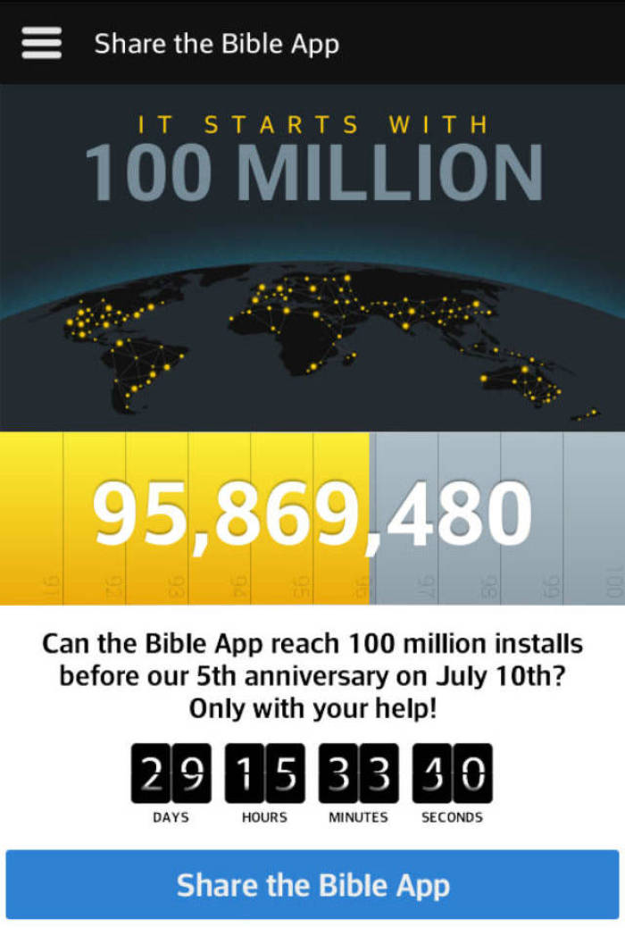 YouVersion now allows users to share its Bible app via their smartphones, as seen in this smartphone screenshot on Tuesday, June 11, 2013.