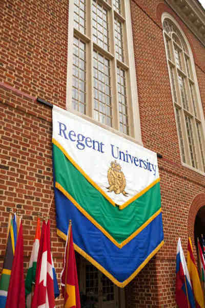 A Regent University flag is seen in this public Facebook photo shared by the university.