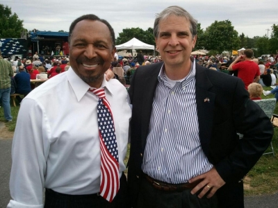 Republican nominee for lieutenant governor of Virginia, Bishop E.W. Jackson (l) and Virginia State Sen. Mark Obenshain, Republican nominee for attorney general in Virginia.