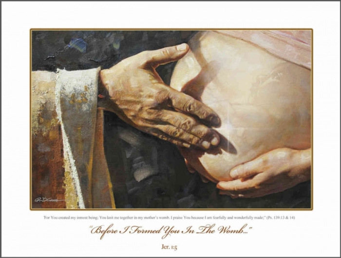 Artist Ron DiCianni explains the concept of his painting: <em>In Before I Formed You in the Womb</em>, I wanted to clearly show three things.Notice the hand of Christ reaching out to touch both mother and child.Note as well the hand of the child reaching back.Look at the shadow cast by Christ's thumb, see how it completes the cross? Christ died for each of us, those long dead and those yet to be conceived. That cross, and the measure of God's love, is central to any understanding of what it means to be human. Finally, note the star at the place where Christ's hand touches the mother, that moment of Divine Presence touching real life flesh. I believe that if you could pull back the curtain of what our human eyes are limited to see, we would see that powerful hand of God 'knitting' together each child in its mother's womb.
