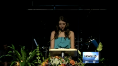 Abby Jennings, daughter of former youth pastor at the Alsbury Baptist Church in Burleson, Texas talks about her father at his memorial service on Wednesday June, 19, 2013.