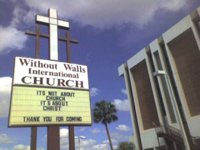 A sign on the campus of Without Walls International Church in Tampa, fla., is seen in this public photo shared on Facebook by the ministry.