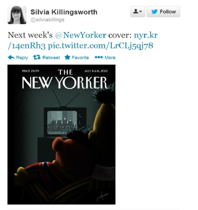 'Sesame Street' characters Bert and Ernie are featured on the July 8 & 15, 2013 issue of The New Yorker magazine for the 'Moment of Joy' cover story on the Supreme Court rulings on marriage. The image was shared on Twitter by The New Yorker's managing editor, Silvia Killingsworth.