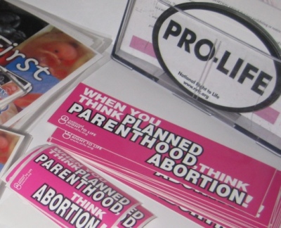 Pro-life bumper stickers available to participants at the 43rd annual National Right to Life Convention in Dallas, Texas, June 27, 2013.