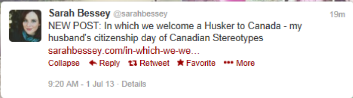 Writer Sarah Bessey tweets congratulations to her husband on his dual citizenship.