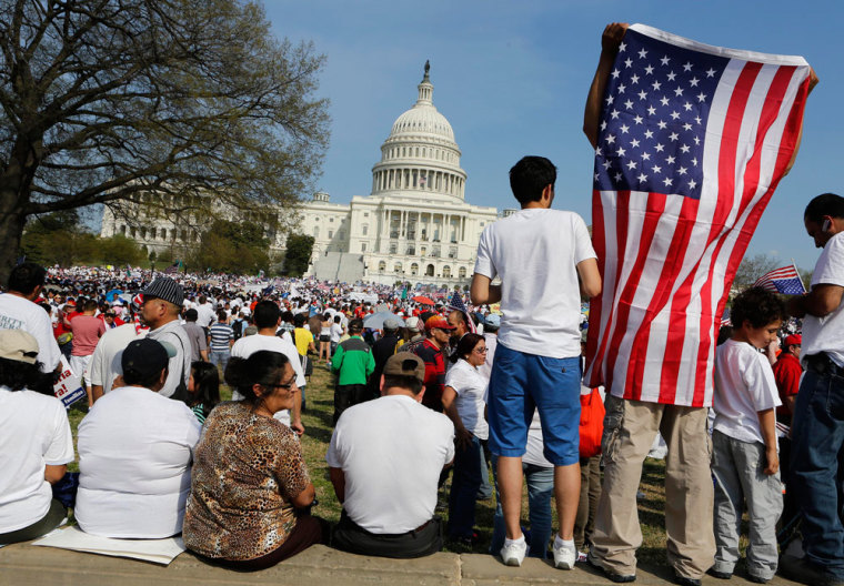 Immigrants protest in favor of comprehensive immigration reform while on the West side of Capitol Hill in Washington, D.C. on April 10, 2013.
